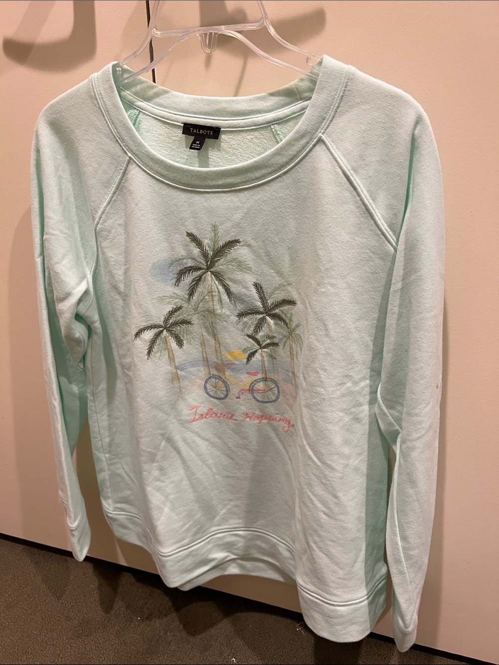 Talbots Mint Green Palm Tree Bicycle Pullover